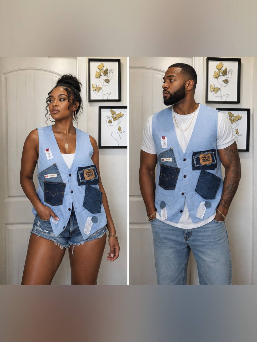 Upcycled Levi Inspired Lt Blue Unisex Denim Pocket Vest w/Dark Denim Accents